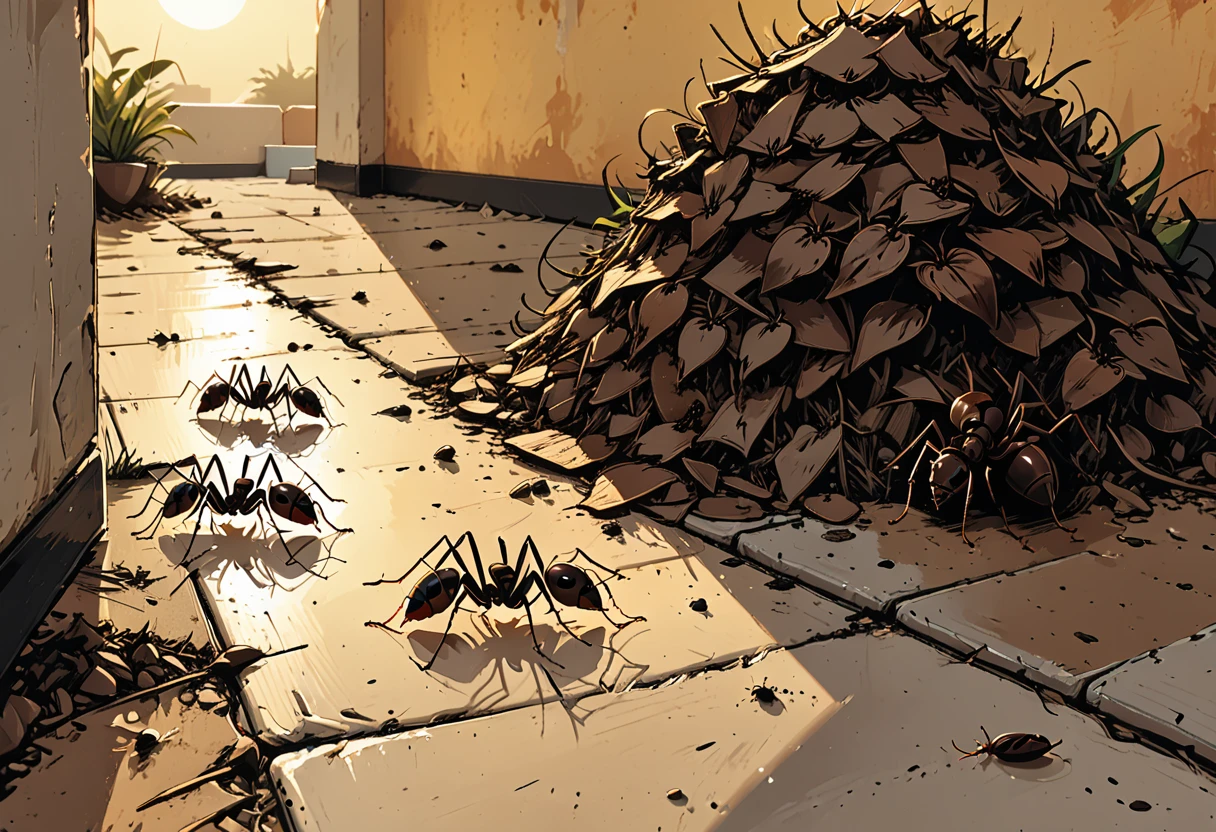 
macro close-up dead ants lying on the floor in a hotel near the pool, 
crushed ants,     graphic style of novel comics, 2d,
8k, hyperrealism, masterpiece, high resolution, best quality, ultra-detailed, super realistic, Hyperrealistic art, high-quality, ultra high res, highest detailed, lot of details, Extremely high-resolution details, incredibly lifelike, colourful, soft cinematic light,
