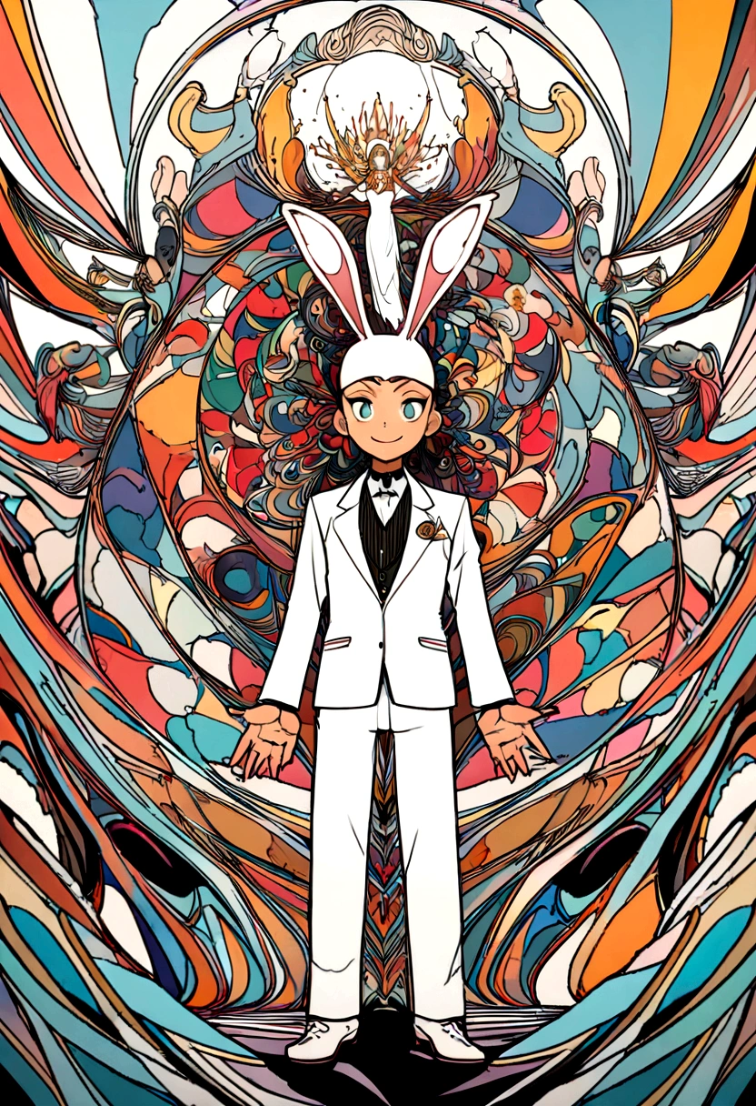 Perfect centralization, lapin (Franco)De Donnie, Standing position, Abstract beauty, centre, Looking at the camera, Facing the camera, Approaching perfection, smiling, bleeding, Dynamic, ighly detailed, suave, foco nítido, 8K, hight resolution, Illustration, art by:Kahne Griffith and Vadim Kashin, white backgrounid