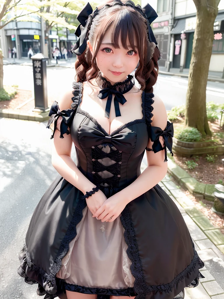 (Realistic:1.3), Finely detailed, quality, Rembrandt lighting, (masutepiece:1.2), (Photorealistic:1.2), (Best Quality), (Detailed skin:1.3), (Intricate details), Dramatic, Ray tracing, 1girl in, japanaese girl, 17 age、big eye、Smiling, twin-tail hair, Twin Loop Hair, Parted bangs, large full breasts, jirai fashion, Gothic Lolita Fashion、Short dress, frilld, Lace, bow ribbon, Convoluted, (on tokyo street, Harajuku, A clear day), NSFW,