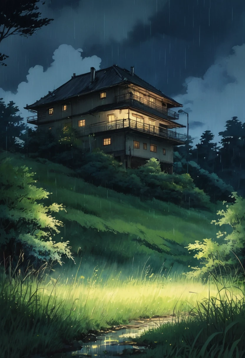 (watercolor landscape painting:1.4), In the grass at night, Public parking available, Under the Rain, With light, There is a building, With a lot of people, With the shadows of the forest, With the sunlight, In the style of Hayao Miyazaki, In the style of Cardon, Anammo, Highest quality, masterpiece, so beautiful, Perfect composition, Intricate details, Super detailed