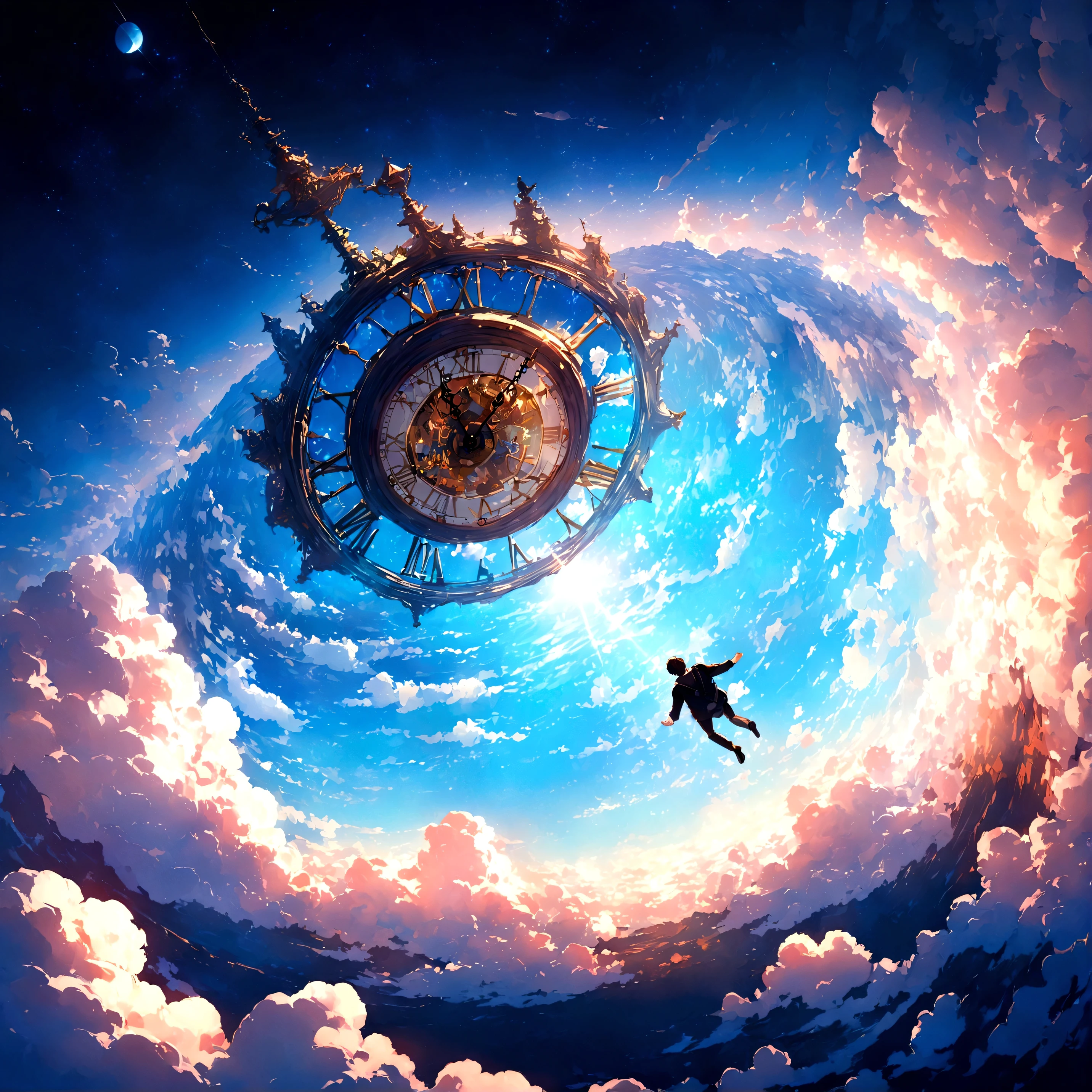 Very detailed CG Unity 8K 壁紙、Cinematic lighting、lens flare、beautiful detailed eyes、landscape、ultra HD、cloud、8K quality、ultra sharp、Real light、surreal、Funny resolutions, A high resolution, (masterpiece:1.4), Very detailed, One boy One boy One boy One boy, view from above, space, Floating, - At six o&#39;clock&#39;times