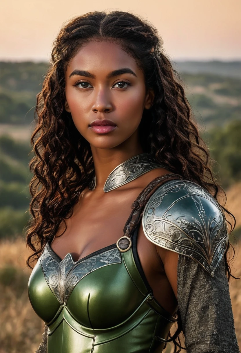 Create epic, cinematic scene, Female Warrior, best quality, masterpiece, a powerful warrior. The warrior's destroyed castle, she is the only survivor. Alone warrior, scene of war and destruction. Strong warrior to rebuild your destroyed castle. She stands up to win, with her fists clenched, her eyes open, her hands up and her head held high. Pose of confidence.  broken armor. A woman in armor. (beautiful warrior, strong and muscular woman, determined expression, fierce gaze, athletic build, confident pose). a beautiful 30 year old warrior, beautiful young black woman with dark skin. Curly black hair with brown highlights, Voluminous black hair with brown highlights, green eyes, eye is green, green and expressive eyes, beautiful green eyes, realistic green eyes, detailed green eyes, ultra-realistic, symmetrical, hyper-realistic, (eyeliner, sophisticated long). Perfect eyebrows and they are thick. the nose is small and proportional to the face and the soft contour of the face that accentuates the high cheekbones. Attractive and irresistible mouth, well-defined lips, full lips, voluminous lips, seductive, captivating, striking, unforgettable and enigmatic lips. The face is oval, with high cheekbones and a well-defined chin, a beautiful and detailed face. Makeup: Makeup is subtle. Skin tone: Olive skin, healthy and even glow, with olive skin, dark skin, sexy girl with olive skin, specific skin texture, beautiful and shiny skin, intricate details, smooth skin, healthy and radiant appearance. 50mm lens, f/2.8, hdr, (8K) RAW photo, , 8K uhd, dslr, 2k, 4K, 8K, 16K. Dramatic canary of destruction, chaos, night war, burning flames, a true hell, scene of war and destruction all around the castle. Fallen walls, warrior inside a castle, game of thornes style, lord of the rings.

