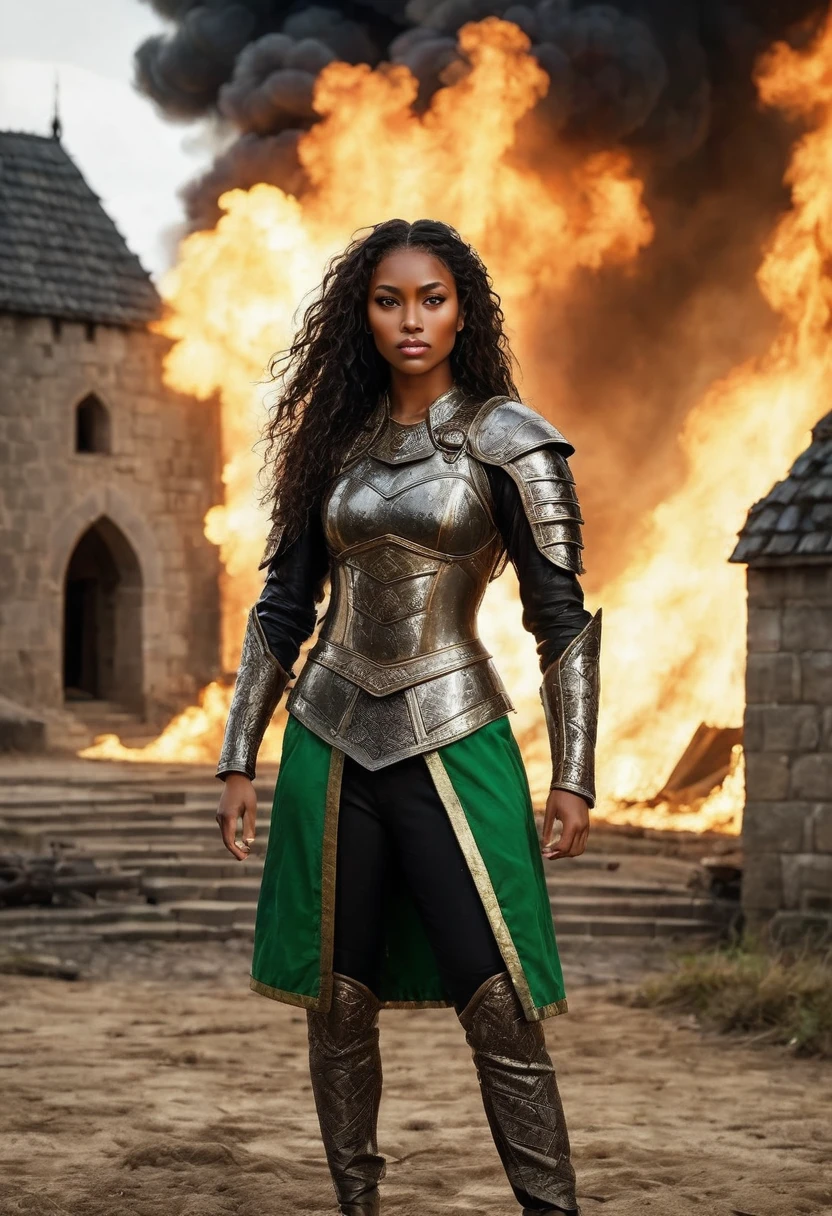 Create epic, cinematic scene, Female Warrior, best quality, masterpiece, a powerful warrior. The warrior's destroyed castle, she is the only survivor. Alone warrior, scene of war and destruction. Strong warrior to rebuild your destroyed castle. She stands up to win, with her fists clenched, her eyes open, her hands up and her head held high. Pose of confidence.  broken armor. A woman in armor. (beautiful warrior, strong and muscular woman, determined expression, fierce gaze, athletic build, confident pose). a beautiful 30 year old warrior, beautiful young black woman with dark skin. Curly black hair with brown highlights, Voluminous black hair with brown highlights, green eyes, eye is green, green and expressive eyes, beautiful green eyes, realistic green eyes, detailed green eyes, ultra-realistic, symmetrical, hyper-realistic, (eyeliner, sophisticated long). Perfect eyebrows and they are thick. the nose is small and proportional to the face and the soft contour of the face that accentuates the high cheekbones. Attractive and irresistible mouth, well-defined lips, full lips, voluminous lips, seductive, captivating, striking, unforgettable and enigmatic lips. The face is oval, with high cheekbones and a well-defined chin, a beautiful and detailed face. Makeup: Makeup is subtle. Skin tone: Olive skin, healthy and even glow, with olive skin, dark skin, sexy girl with olive skin, specific skin texture, beautiful and shiny skin, intricate details, smooth skin, healthy and radiant appearance. 50mm lens, f/2.8, hdr, (8K) RAW photo, , 8K uhd, dslr, 2k, 4K, 8K, 16K. Dramatic canary of destruction, chaos, night war, burning flames, a true hell, scene of war and destruction all around the castle. Fallen walls, warrior inside a castle, game of thornes style, lord of the rings.
