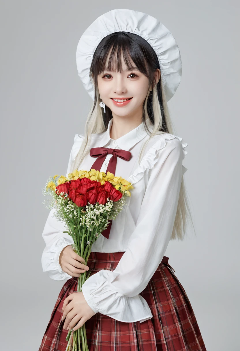 masterpiece, best quality, 1girl, solo, long_hair, looking_at_viewer, white hair, red eyes, smile, bangs, skirt, shirt, long_sleeves, hat, dress, bow, holding, closed_mouth, flower, frills, hair_flower, petals, bouquet, holding_flower, center_frills, bonnet, holding_bouquet, tachi-e, full body, white background,