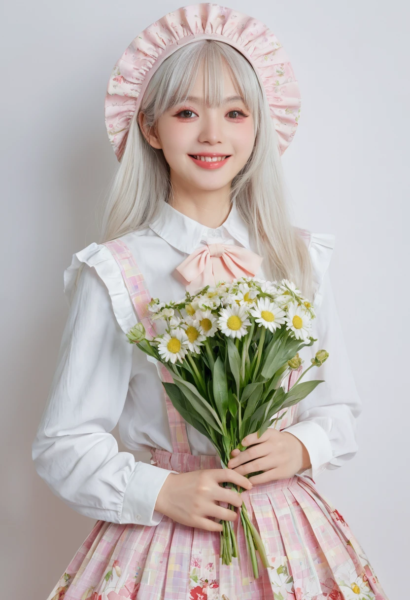 masterpiece, best quality, 1girl, solo, long_hair, looking_at_viewer, white hair, red eyes, smile, bangs, skirt, shirt, long_sleeves, hat, dress, bow, holding, closed_mouth, flower, frills, hair_flower, petals, bouquet, holding_flower, center_frills, bonnet, holding_bouquet, tachi-e, full body, white background,  
