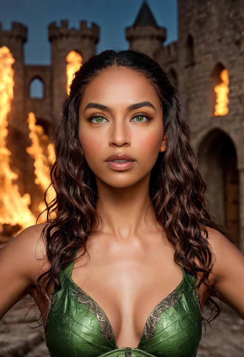Create epic, cinematic scene, Female Warrior, best quality, masterpiece, a powerful warrior. The warrior's destroyed castle, she is the only survivor. Alone warrior, scene of war and destruction. Strong warrior to rebuild your destroyed castle. She stands up to win, with her fists clenched, her eyes open, her hands up and her head held high. Pose of confidence. broken armor. A woman in armor. (beautiful warrior, strong and muscular woman, determined expression, fierce gaze, athletic build, confident pose). a beautiful 30 year old warrior, beautiful young black woman with dark skin. Curly black hair with brown highlights, Voluminous black hair with brown highlights, green eyes, eye is green, green and expressive eyes, beautiful green eyes, realistic green eyes, detailed green eyes, ultra-realistic, symmetrical, hyper-realistic, (eyeliner, sophisticated long). Perfect eyebrows and they are thick. the nose is small and proportional to the face and the soft contour of the face that accentuates the high cheekbones. Attractive and irresistible mouth, well-defined lips, full lips, voluminous lips, seductive, captivating, striking, unforgettable and enigmatic lips. The face is oval, with high cheekbones and a well-defined chin, a beautiful and detailed face. Makeup: Makeup is subtle. Skin tone: Olive skin, healthy and even glow, with olive skin, dark skin, sexy girl with olive skin, specific skin texture, beautiful and shiny skin, intricate details, smooth skin, healthy and radiant appearance. 50mm lens, f/2.8, hdr, (8K) RAW photo, , 8K uhd, dslr, 2k, 4K, 8K, 16K. Dramatic canary of destruction, chaos, night war, burning flames, a true hell, scene of war and destruction all around the castle. Fallen walls, warrior inside a castle, game of thornes style, lord of the rings.