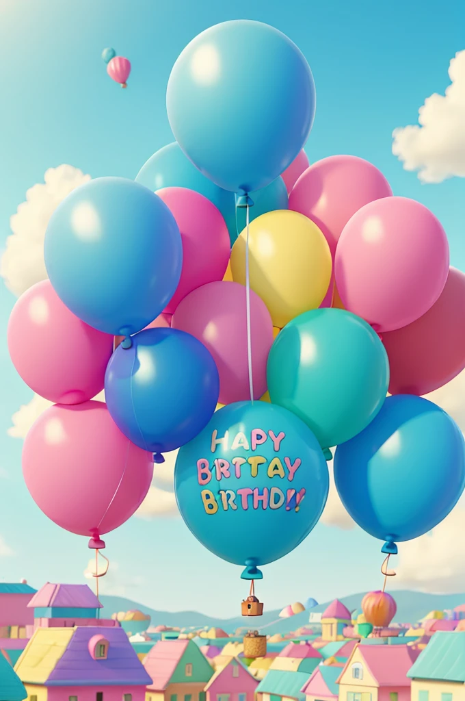 Pastel colored balloons,full,Multiple balloons flying,The balloon says HAPPY BIRTHDAY,((No people)),Front image,((Illustration of balloons only))