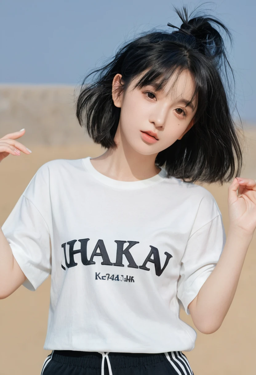 (8k, RAW Photo, Best Quality, Masterpiece:1.3),(Real,Photo:1.37),(Black Hair),Pose,1girl,Very Beautiful Face,Cute,(Small),(Put Your Hands Down))),Poggy Hairstyle,Random Expression,(White T-shirt),JK_style,(Track Shorts) ,Black Hair,(Age 19),Modest,Five Fingers,Normal Hands,Small Mouth,Straight Hair