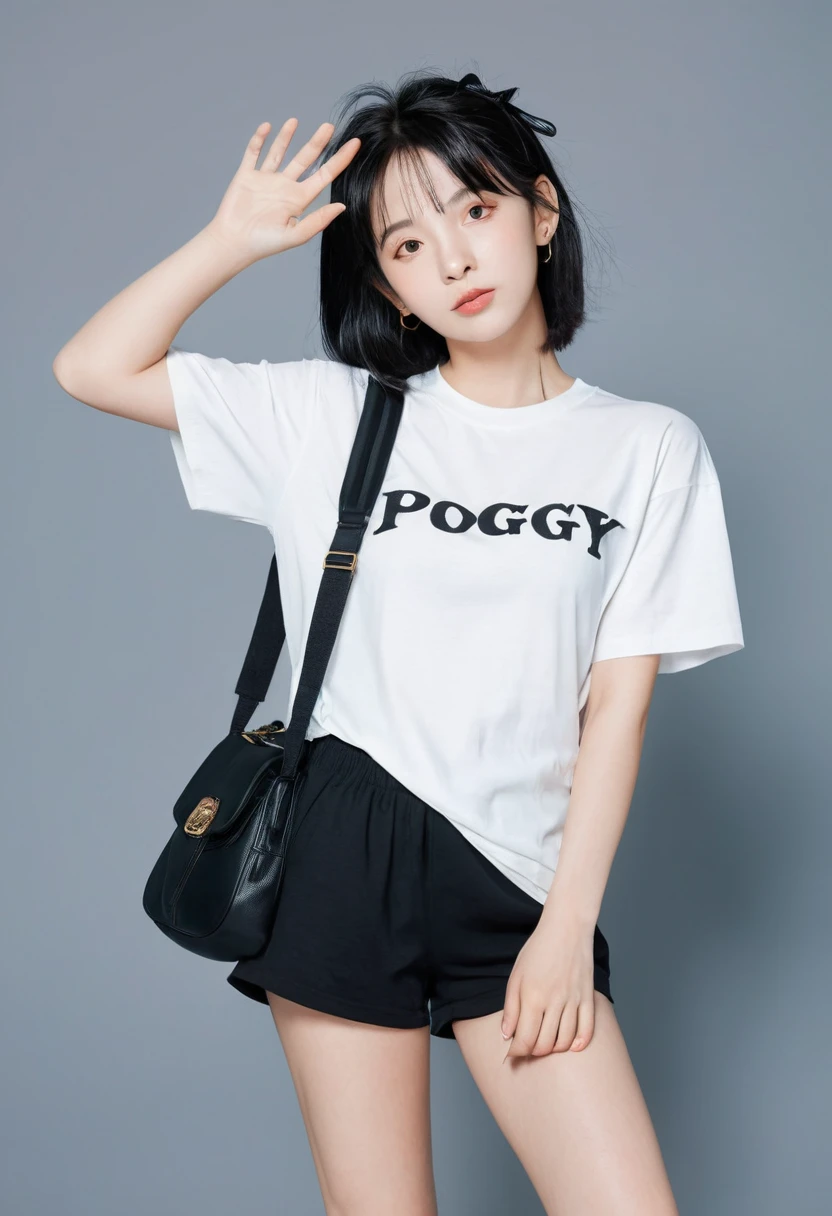 (8k, RAW Photo, Best Quality, Masterpiece:1.3),(Real,Photo:1.37),(Black Hair),Pose,1girl,Very Beautiful Face,Cute,(Small),(Put Your Hands Down))),Poggy Hairstyle,Random Expression,(White T-shirt),JK_style,(Track Shorts) ,Black Hair,(Age 19),Modest,Five Fingers,Normal Hands,Small Mouth,Straight Hair