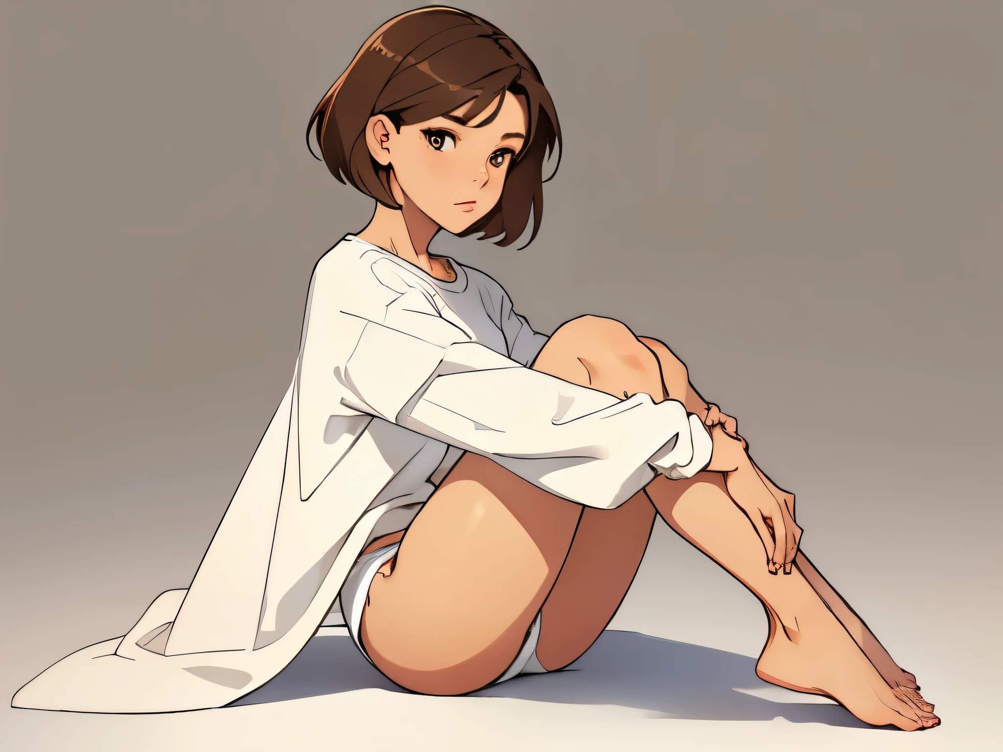 ((Medium Shot)), beautiful girl, very short brown hair, Wear a white long-sleeved T-shirt,White underwear for the lower body, Perfect hands, Perfect body, Sit with your knees raised and your legs crossed, barefoot, Don&#39;t make eye contact、Smoking a cigarette, ,((Exquisite detail)), Very finely crafted fingers(((10 fingers))), , (Full-body showcase), (Show your whole body), (No logos on background), (No logo), ((Plain background)), ((Plain background)), (((Sky Background))).、barefoot、The camera frame is taken from below., legs spread, low rise shorts