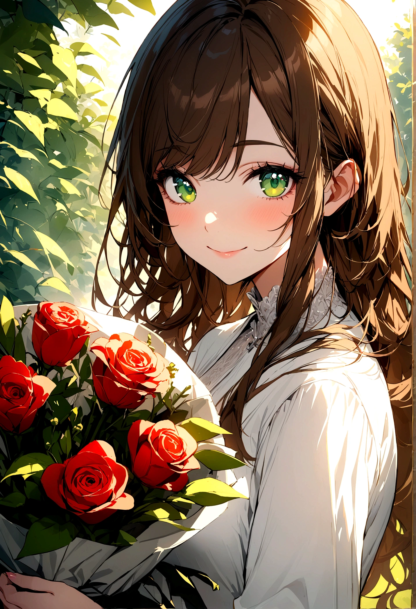 (masterpiece), (Highest quality), Ultra-high resolution, Sharp focus, Morning sunlight, Lightning in nature, Soft Shadows, Upper Body, Medium Close-up, ((One woman, alone)), Very attractive and gorgeous woman, Beautiful detailed hair, Brown brunette hair, Long Hair, Beautifully detailed face, Perfect beautiful face, View your viewers, smile, smile, (Perfect beautiful eyes, Green Eyes), Holding a bouquet, (Standing in the garden:1.1), Feminine, chic and modern white outfit