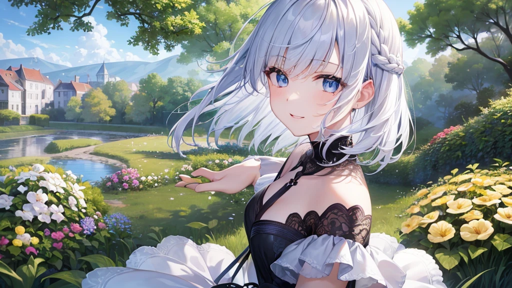 Ultra HD,Look at the viewers, Put your hands behind your back, With a girl, 20-year-old, 非常にShort Hair, Long bangs between the eyes, Pale blue eyes, Very detailed,(masterpiece、Highest quality),Gray Hair、Laughter、Fantastic, Silver Hair, Iris, Short hair、 Fluttering Hair、Small Face、明るいsmile、(Detailed face) ,Professional Lighting,Wonderful landscape,blue sky, sunlight,Looking down from above,Portraiture、Open your mouth、Flower Field、Her eyes were shining、Mysterious and enchanting atmosphere。With AI Painting、とてもShort Hair, Long bangs between the eyes, Very detailed,(masterpiece、Highest quality)、alone、Gray Hair、Fantasy, Silver Hair, Fantasyな風景、White shirt、smile、Open your mouth、short hair、Short Hair、hairpin、black eye、Grey Eyes、Beautiful Eyes、