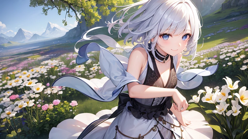 Ultra HD,Look at the viewers, Put your hands behind your back, With a girl, 20-year-old, 非常にShort Hair, Long bangs between the eyes, Pale blue eyes,  Very detailed,(masterpiece、Highest quality),Gray Hair、Laughter、Fantastic, Silver Hair, Iris,  Short hair、 Fluttering Hair、Small Face、明るいsmile、(Detailed face) ,Professional Lighting,Wonderful landscape,blue sky, sunlight,Looking down from above,Portraiture、Open your mouth、Flower Field、Her eyes were shining、Mysterious and enchanting atmosphere。With AI Painting、とてもShort Hair, Long bangs between the eyes, Very detailed,(masterpiece、Highest quality)、alone、Gray Hair、Fantasy, Silver Hair, Fantasyな風景、White shirt、smile、Open your mouth、short hair、Short Hair、hairpin、black eye、Grey Eyes、Beautiful Eyes、