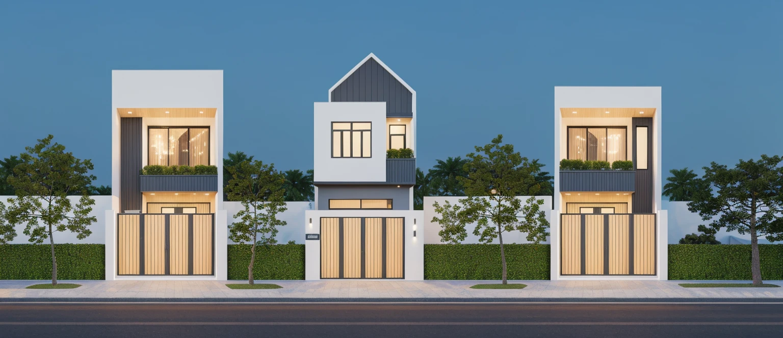 PLATFORM KTHOUSE, 1 morden villa,1large yard, 1 road runs in front of the house, (RAW photo, real, best quality, masterpiece:1.2), look morden minimalist, 1 road in front of the house, dynamic lighting:1.3, (hyper realistic, photo-realistic:1.2), high quality, (dark lighting:1.2), perfect lighting, archdaily, no human, light at 12 noon, light in door:1.2