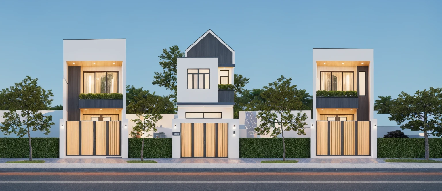 PLATFORM KTHOUSE, 1 morden villa,1large yard, 1 road runs in front of the house, (RAW photo, real, best quality, masterpiece:1.2), look morden minimalist, 1 road in front of the house, dynamic lighting:1.3, (hyper realistic, photo-realistic:1.2), high quality, (dark lighting:1.2), perfect lighting, archdaily, no human, light at 12 noon, light in door:1.2