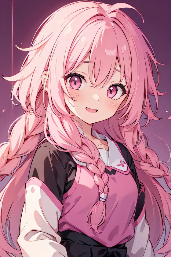 girl, cute anime girl, laughing, pink hair, long hair, bushy hair, hair in a braid on the side, messy hair, big eyes, pink eyes