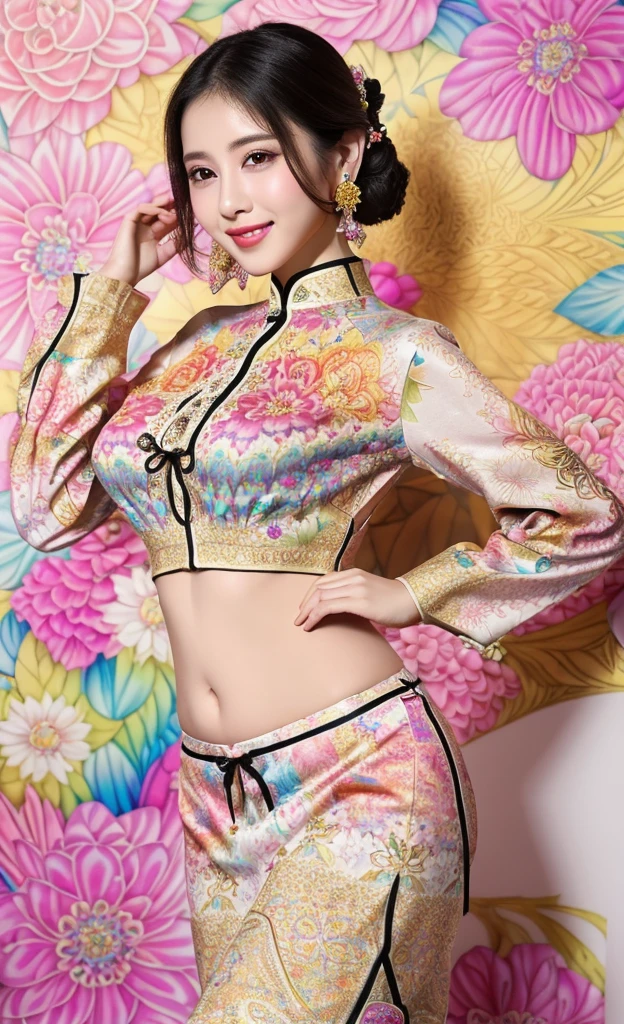 (masterpiece、highest quality、highest quality、official art、beautiful beautiful:1.2)、(1 girl:1.3)、smile gently、very detailed、(fractal art:1.1)、(Colorful:1.1)(Floral:1.3)、most detailed、(zentangle:1.2)、beautiful face、detailed face、perfect proportions、burst chest、huge breasts thin waist、belly button、big ass、gap between crotches、thick tight、(dynamic pose)、(abstract background:1.3)、(qipao dress:1.2)、(shiny skin)、(lots of colors:1.4)、、(earrings:1.4)、1 woman
