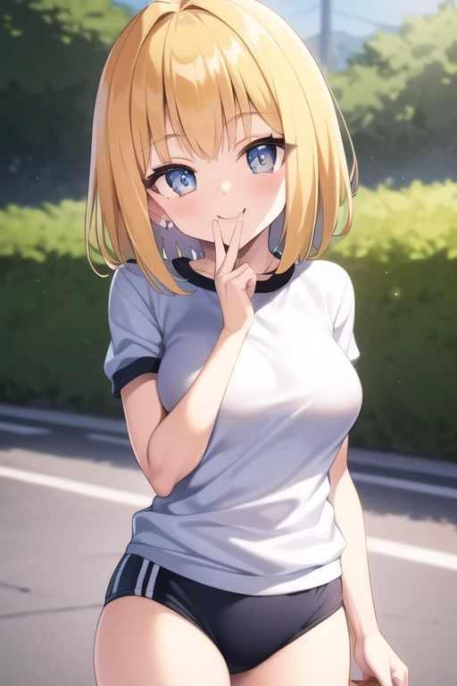 buruma, black buruma, (White short-sleeved gym uniform), School, Ground, sports festival, ((Highest quality)), ((masterpiece)), (detailed), Perfect Face, Perfect Arms, Perfect hands, Perfect Fingers, anime, Ultra-fine illustration, ((1 person)), 16-year-old girl, ((Put your hand to your mouth)), (Smile:1.3), (Open your mouth:1.3), Blue Eyes, Blonde, (Very Short Hair), Bangs, Glamorous figure, Cowboy Shot, Outdoor,