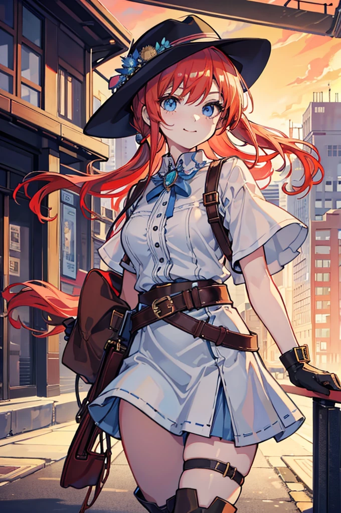とてもbeautiful, sauce_anime, detailed, high quality, beautiful, masterpiece, detailed eyes, Cityscape, Blurred Background, Cowboy Shot, 上per body, Hat Adjustment, A light smile, Mouth closed, , Redhead, ponytail, blue eyes, freckles, Side Lock, belt, Thigh straps, Cowboy hat, Cowboy boots, Fringe trim, gloves, mini skirt, Short sleeve,