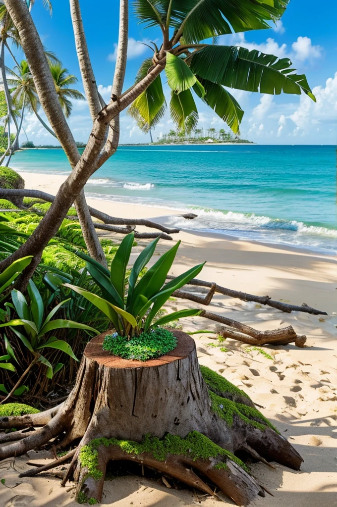 A coconut stump by the beach is overgrown with blooming orchids. Draw a close-up of a coconut stump and an orchid tree with the beach and sea in the background. Emphasis should be given to interweaving elements, shape, color and space