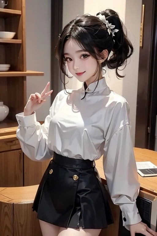 、Black Hair、ponytail、Small breasts、White blouse、Black mini skirt、Cheerful atmosphere、Smile