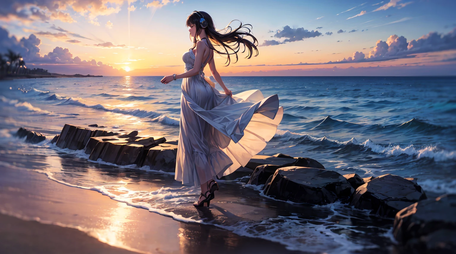 1((masterpiece,best quality,highest quality,illustration,intricate details)),1girl, wearing headphone stands on a rocky beach, her front to the camera, gazing out at a tropical sunset. The sky is painted with hues of orange and blue, reflecting on the calm ocean that stretches out before her. Palm trees sway gently on the shore, adding to the serene atmosphere. The woman is dressed in a flowing dress, which billows slightly with the sea breeze, and she appears to be lost in the beauty of nature. The scene is peaceful and tranquil, capturing a moment of solitude and reflection.