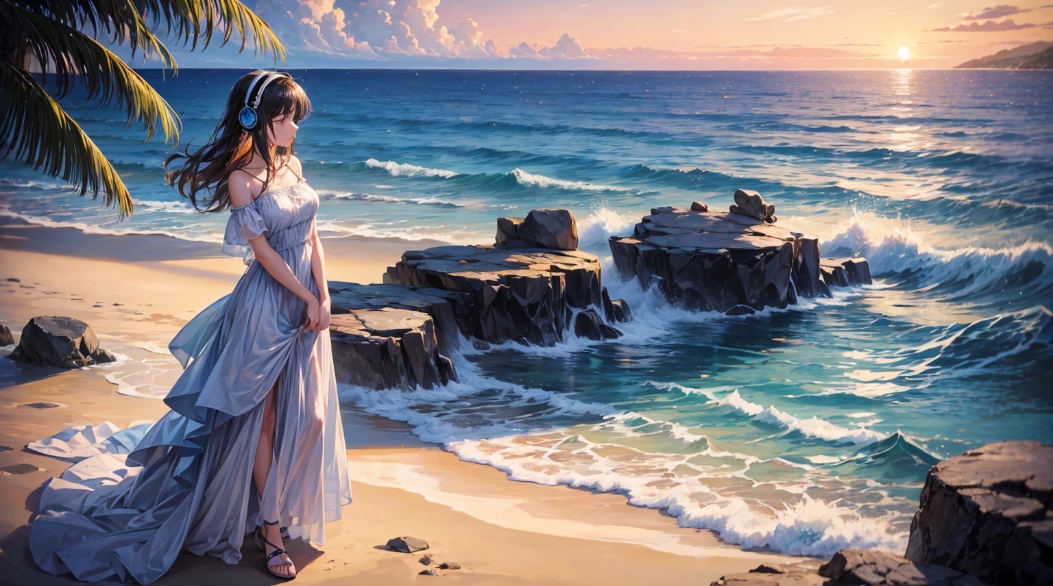 1((masterpiece,best quality,highest quality,illustration,intricate details)),1girl, wearing headphone stands on a rocky beach, her front to the camera, gazing out at a tropical sunset. The sky is painted with hues of orange and blue, reflecting on the calm ocean that stretches out before her. Palm trees sway gently on the shore, adding to the serene atmosphere. The woman is dressed in a flowing dress, which billows slightly with the sea breeze, and she appears to be lost in the beauty of nature. The scene is peaceful and tranquil, capturing a moment of solitude and reflection.