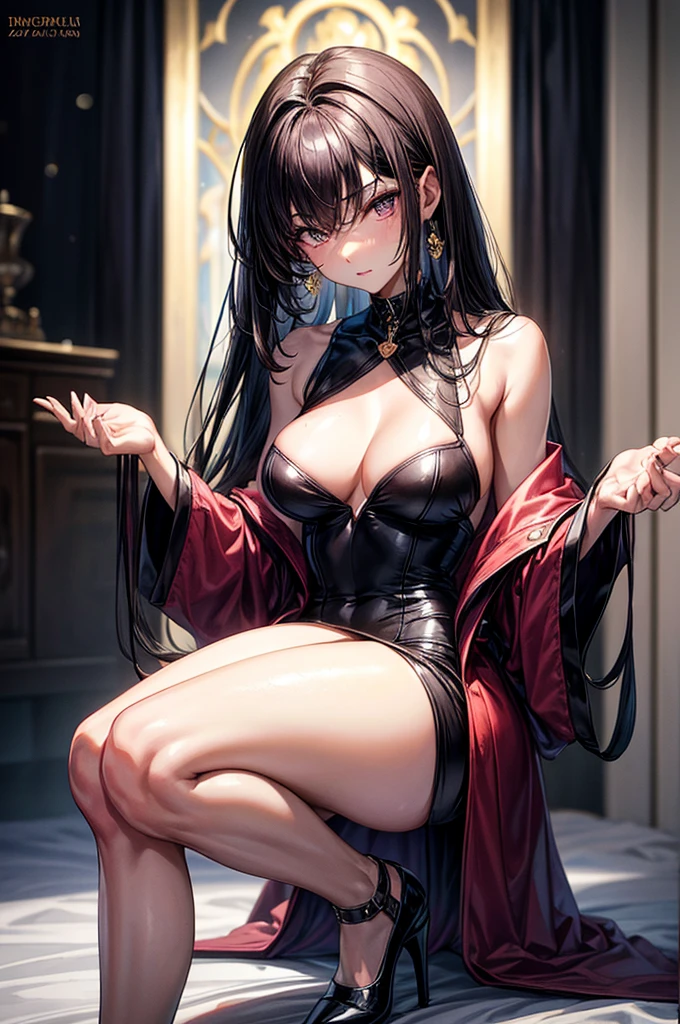 ( wearing a loose, oversized jacket that rests on her knees ),gorgeous, masterpiece, best quality, high-resolution, finely detailed, extremely detailed and beautiful, distinct-image, 1 girl, 16 year old ager, solo, sharp facial features, oval shaped face. cherry pink lips, lightly tanned white skin. velvet-colored eyes, C-cup breasts, tall height(175cm), slim yet chiseled body type, short shoulder length dark violet-black hair, slender waist, long and slender legs, curvy body, elegant five star hotel setting in modern times, rear view,