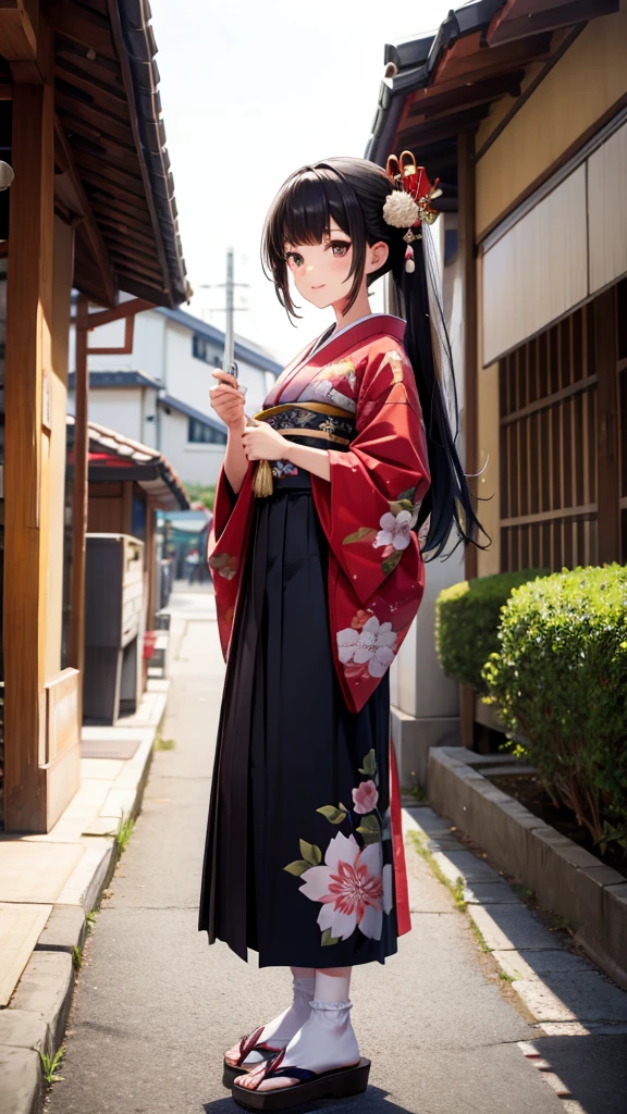 Twelve-year-old black-haired girl,Geisha hairstyle,kimono,long skirt,White socks,Straw sandals,Japanese Street