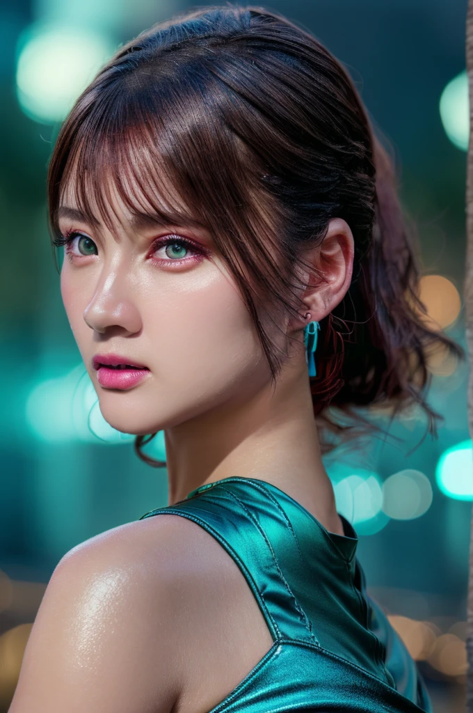 ((Realistic lighting, Best quality, 8K, Masterpiece: 1.3)), Focus: 1.2, 1girl, Perfect Body Beauty: 1.4, Slim Abs: 1.1, ((Dark Brown Hair)), (Aqua Dress: 1.4), (Outdoor, Night: 1.1), City Street, Super Fine Face, Fine Eyes, Double Eyelids,