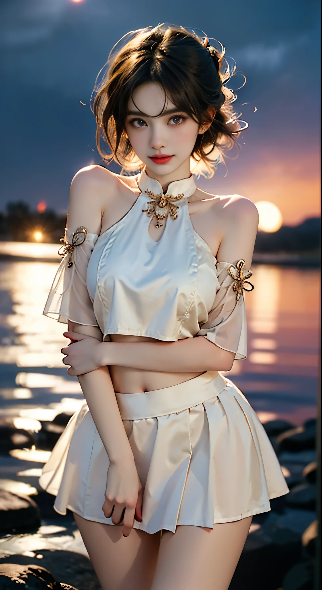 see-through,bare shoulders ((Bare shoulders)), ((Full breasts)), ((Very big breasts)), ((I-type Valley)), ((The skirt is very short)), ((Very beautiful legs)), ((Standing)), ((cowboy shot)), actual, Fashion Girl, red lips, Mature women, Exquisite makeup, big eyes, beautiful, (best quality, masterpiece:1.2), Super detailed, (actual:1.37), ((Random Scenes, Random shooting angle)), Young and energetic, Charming model, (Exquisite eyes, delicate lips), Show a bright smile, Create stunning girl images, warm color, Extremely saturated colors, Official Art, Extremely detailed CG, Unity 8k Wallpaper, (High Dynamic Range :1.4), (Movie atmosphere),(Soft colors), (Natural skin texture, ultra-actual, Soft Light, sharp),(Very detailed), night, moonlight, ((Correct Legs)), ((Anatomically correct))