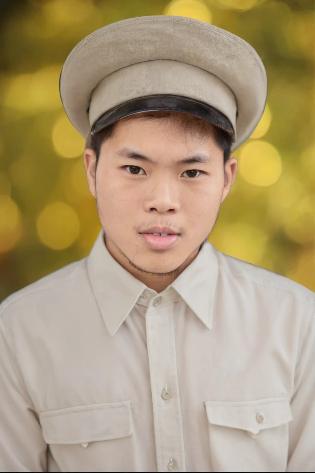 Highly realistic photo, Portrait of a 25 year old Vietnamese young boy, kepi hat, open mouth