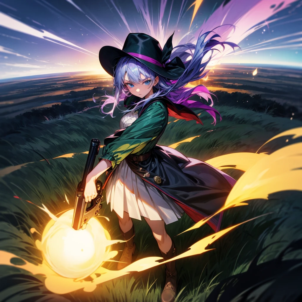 1girl, Full body version, 1character, adult version, blue eyes color, long haircut, purple colour hair, medieval style clothing, cowboy hat, revolver in hand, Grassroots, background in green field, motion blur, plasma effect, lighting revolver, fire revolver, fire, smoke revolver, smoke effect, aura effect, lighting, (Hunter x Hunter style), standing gesture, high angle view