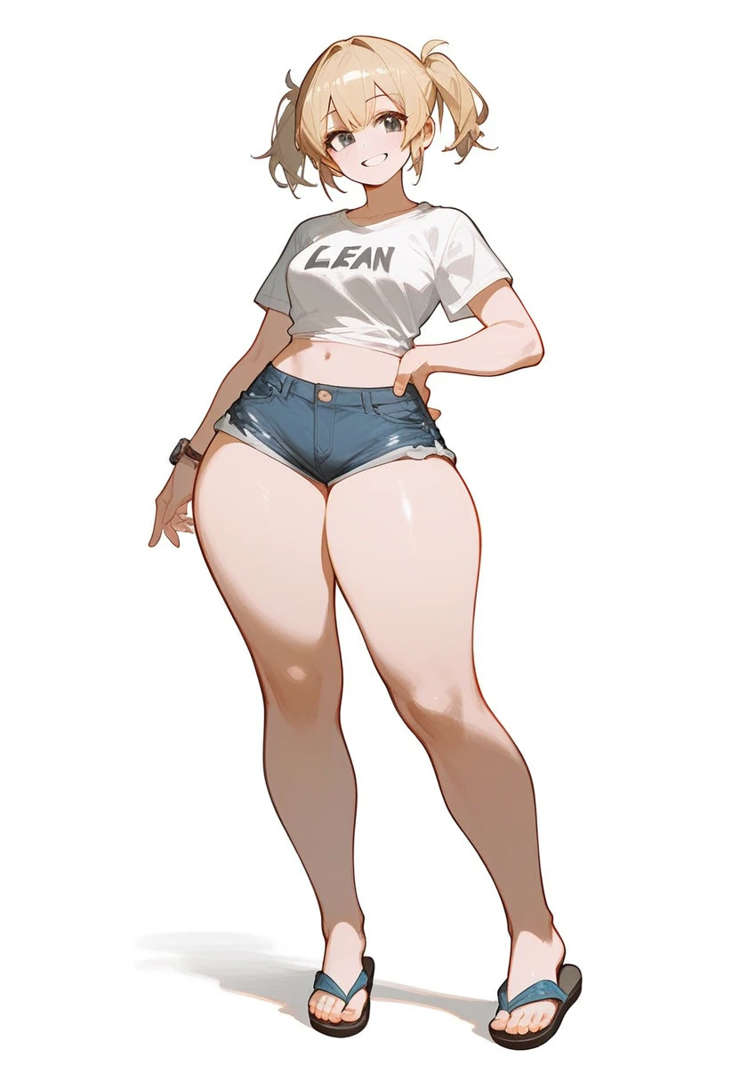 Woman with short blonde hair, short twintails, pale skin, wearing a tight white T-shirt, jean shorts, and small black flip flops, wide hips, thick thighs, large thighs, small feet, feet, 5 toes on each foot, white background, smiling standing up