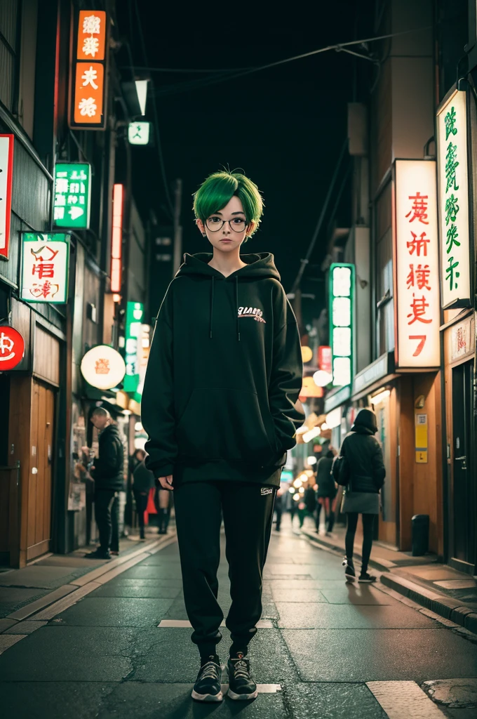 A woman with short green hair, wearing round glasses and a black sweatshirt, the character must be standing in the middle of the streets of Tokyo, Japan, there are colorful signs, and it's night.
This image should
