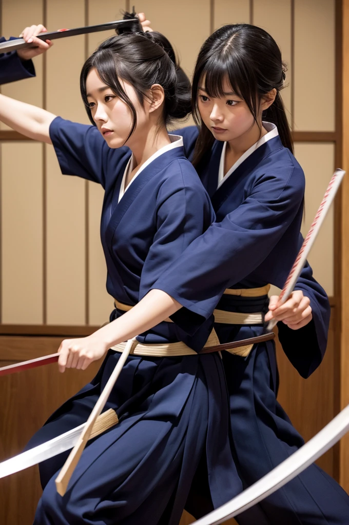 Wearing a navy blue kendo uniform、Two beautiful Japanese women slashing at each other with Japanese swords while looking serious