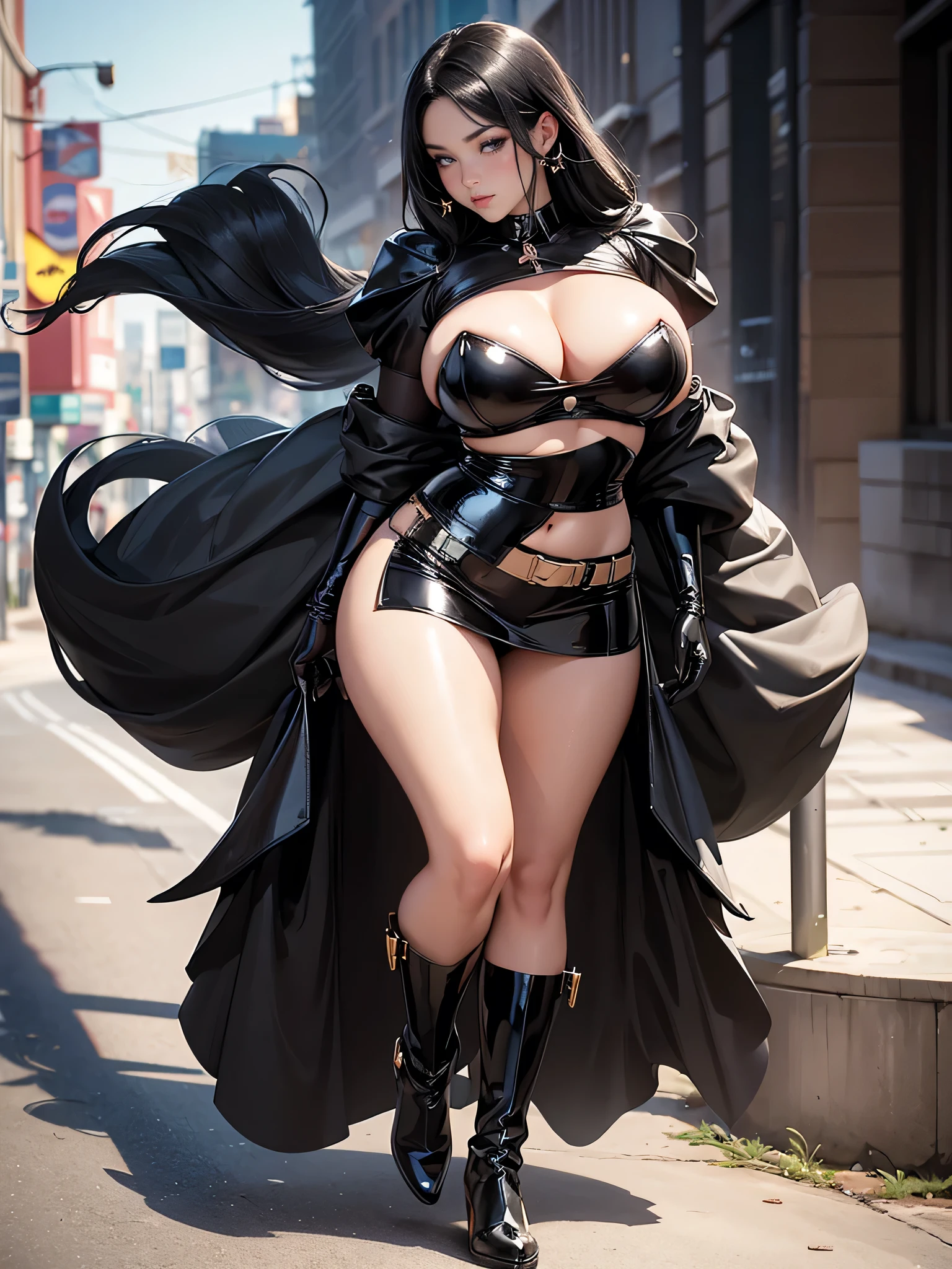 Full body, beautiful black eyes, blush, cute face, high quality, 8k, high resolution, (1 cute woman, solo: 1.1), gigantic breasts, lips, beautiful background, black hair, shiny black crop top, shiny black skirt, shiny black gloves, shiny black heel boots, naked shoulders