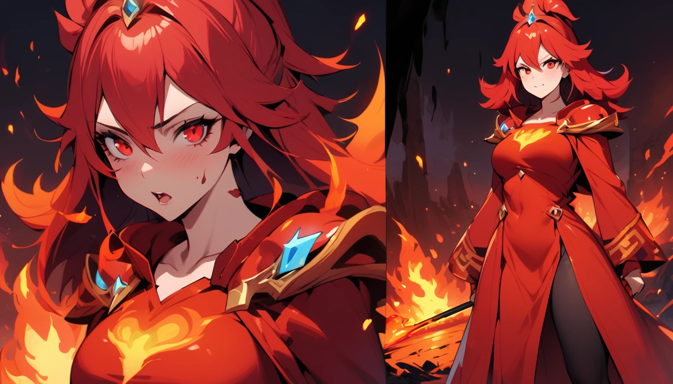 masterpiece, Best quality, 1 girl, (lina), epic, dota 2, difficult, Dress from Lina from dota 2, lina, Silent horror, ashes, Medium hair, (Lava Fire Red Suit:1.4)、Ideal Anatomy, I&#39;m standing in a volcano, ultra detailed,(realistic,photorealistic,photo-realistic:1.37),extremely detailed eyes and face,Beautifully detailed глаза,Beautifully detailed、Highest image quality、complex parts、A high resolution、depth of field、natural soft light、professional lighting、about, standing, cowboy shot, brilliant, brilliant hair, (night:1.2),Dreamy, [[gentle fingers and hands:0.55]::0.85],(detailed fingers),),(emotional),(breathtaking),(main part:1.2) whole body.), (Anime Style), (Super Detailed), (brutal), (uhd, HDR), (8K), (High Resolution: 1.2), (Complex and Beautiful: 1.2)