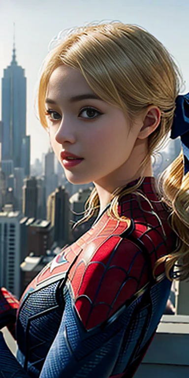 Highest quality、8K、One Woman、Front facing、Wearing a Spider-Man suit、Real Face、Blonde、beautiful、20Woman in her 20s、Looking at the city from the rooftop of a building