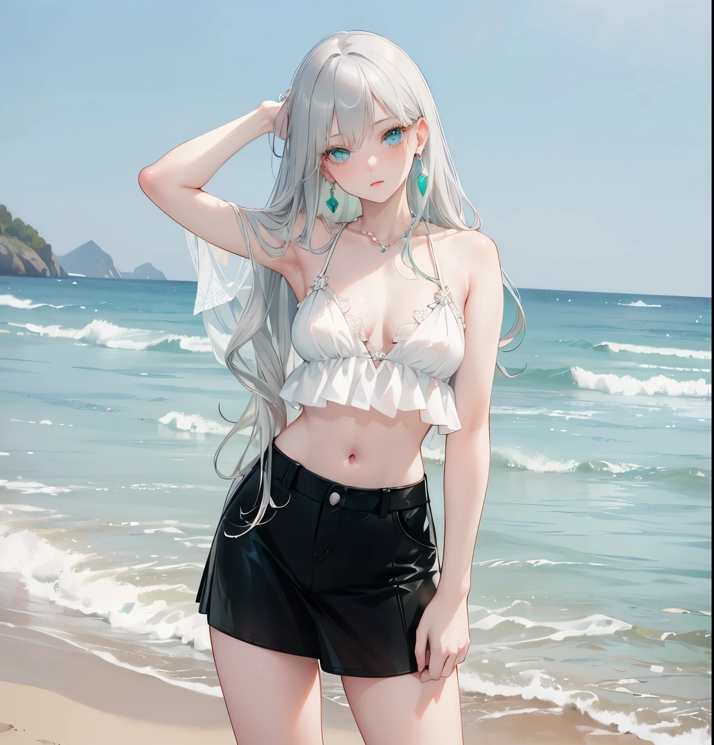 ((dark fantasy)), ((wavy hair, silver hair color, pale skin),(((green aquamarine eyes))), freckles, warm light,( ),busty,Glamour,Gorgeous,monochromes,erotic posing,Dynamic Posing,Arrange Pose,Dramatic,Cinematic,Detailed background, Dynamic Angle,From the angle of the film,Gothic background, Dark fantastic view,Best Quality,masutepiece,8K,The ultimate detailed dark background, Top image quality、RAW photography、超A high resolution,cropped shoulders, overall look is very erotic、Shot for one person only, model shoot, Large round chest, Beautiful Eyes of Details、Very slender eyes、Beautiful eyelashes、Very slim physique, with blush cheeks,Pearl Beaded Bralet Top, ((pearl top)), opal pearl in hand