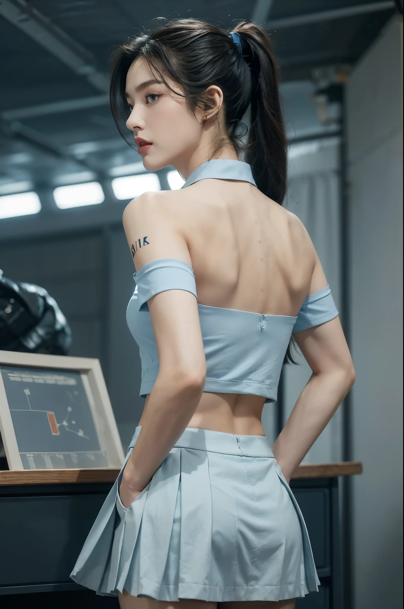 (((best quality))),(((ultra detailed))),(((masterpiece))),illustration,((1girl, female, Air Force commander,solo)),(short ponytail:1.2),((slim,thin)),((shoulder off,strapless,bare back,towering hips,butt crack)),poised, confidence, authority,(light blue collared short-sleeved shirt:1.3),(dark blue pleated skirt:1.2), (slender legs:1.2),piercing eyes, control panel, military airport, soldiers, duties, fighter jets, clear sky, engine roar, excitement, energy, control room, monitors, switches, mosaic colors, expertise, pilots, headset, calm voice, strong presence, attention, respect, leadership, dedication, courage, bravery, women in military, inner strength, resilience, inspiration,((from back,upper body))