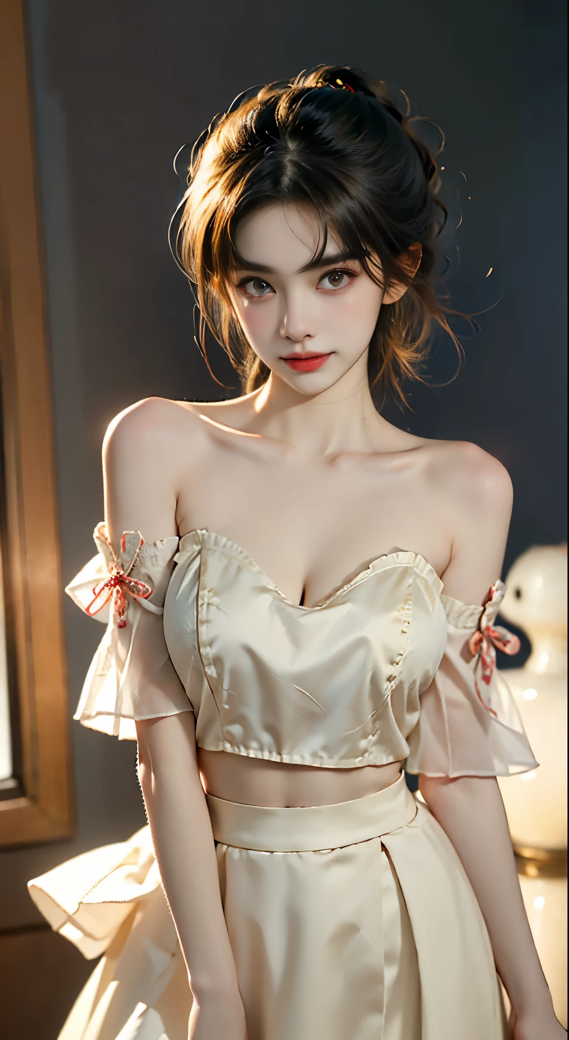 see-through,bare shoulders ((Bare shoulders)), ((Full breasts)), ((Very big breasts)), ((I-type Valley)), ((The skirt is very short)), ((Very beautiful legs)), ((Standing)), ((cowboy shot)), actual, Fashion Girl, red lips, Mature women, Exquisite makeup, big eyes, beautiful, (best quality, masterpiece:1.2), Super detailed, (actual:1.37), ((Random Scenes, Random shooting angle)), Young and energetic, Charming model, (Exquisite eyes, delicate lips), Show a bright smile, Create stunning girl images, warm color, Extremely saturated colors, Official Art, Extremely detailed CG, Unity 8k Wallpaper, (High Dynamic Range :1.4), (Movie atmosphere),(Soft colors), (Natural skin texture, ultra-actual, Soft Light, sharp),(Very detailed), night, moonlight, ((Correct Legs)), ((Anatomically correct))