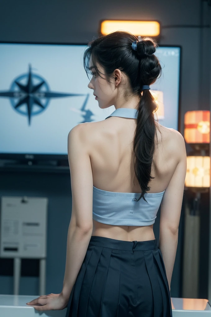 (((best quality))),(((ultra detailed))),(((masterpiece))),illustration,((1girl, female, Air Force commander,solo)),(short ponytail:1.2),((slim,thin)),((shoulder off,strapless,bare back,towering hips,butt crack)),poised, confidence, authority,(light blue collared short-sleeved shirt:1.3),(dark blue pleated skirt:1.2), (slender legs:1.2),piercing eyes, control panel, military airport, soldiers, duties, fighter jets, clear sky, engine roar, excitement, energy, control room, monitors, switches, mosaic colors, expertise, pilots, headset, calm voice, strong presence, attention, respect, leadership, dedication, courage, bravery, women in military, inner strength, resilience, inspiration,((from back,upper body))