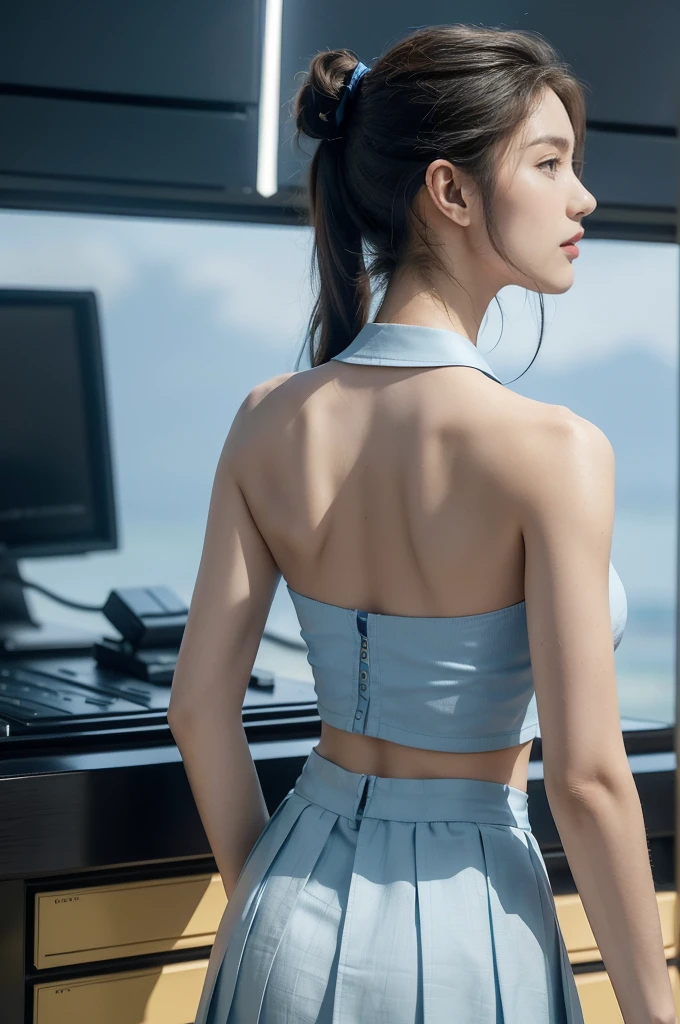 (((best quality))),(((ultra detailed))),(((masterpiece))),illustration,((1girl, female, Air Force commander,solo)),(short ponytail:1.2),((slim,thin)),((shoulder off,strapless,bare back,towering hips,butt crack)),poised, confidence, authority,(light blue collared short-sleeved shirt:1.3),(dark blue pleated skirt:1.2), (slender legs:1.2),piercing eyes, control panel, military airport, soldiers, duties, fighter jets, clear sky, engine roar, excitement, energy, control room, monitors, switches, mosaic colors, expertise, pilots, headset, calm voice, strong presence, attention, respect, leadership, dedication, courage, bravery, women in military, inner strength, resilience, inspiration,((from back,upper body))