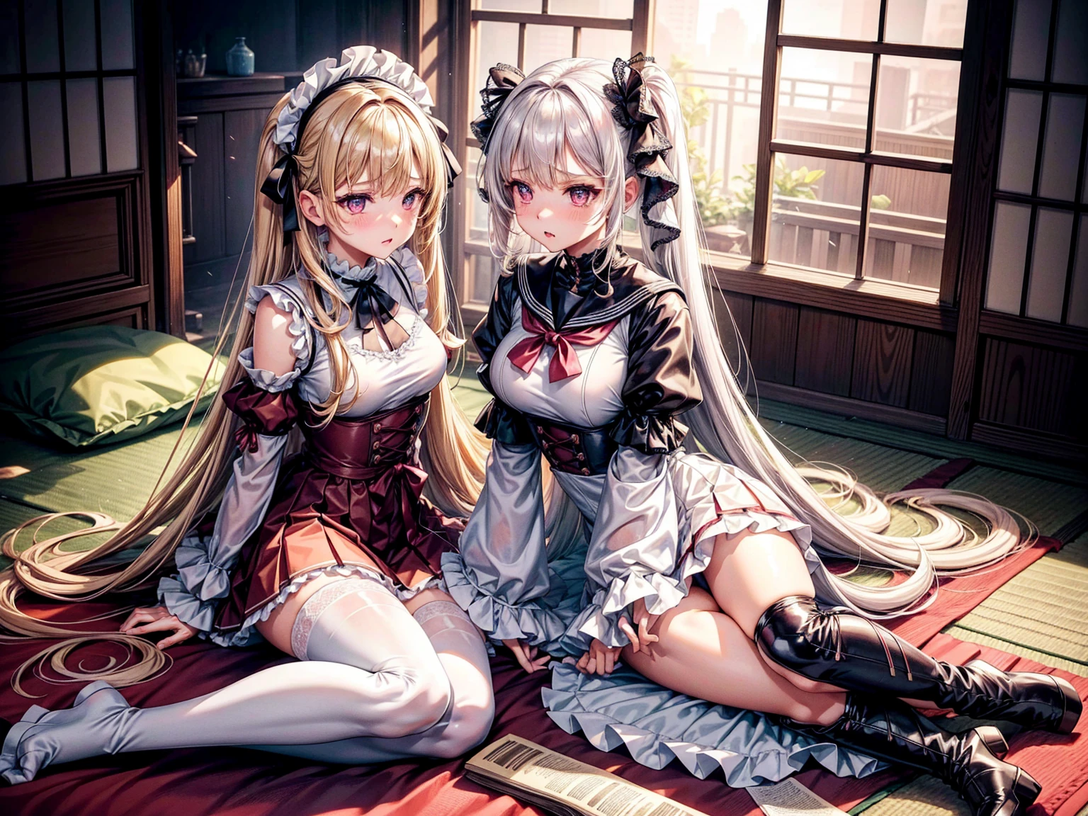 Two Girls　　sunset　Orange Room,　Full-body depiction on screen,　Two Girls,　A large amount of rolled up tissue paper,　 Wrinkled, Dirty tissue on the ground,　Tears dripping from the edges of the mouth,　Sitting on a dirty bed,　Dirty futon with brown stains　Dirty old tatami mat ,Tatami room,　Plenty of tissue paper ,　Garbage is scattered everywhere,　very dirty bed, 　 A room full of messy garbage,,　　Embarrassing,　　Very large breasts　Extremely enlarged breasts　Dimly lit room　On the tatami　Scattered tissue paper　A cute long-sleeved sailor suit with lots of frills sewn on　Long ruffled skirt　high school student　Illustration Style　Anime Style　Narrow-mouthed　Small lips　beautiful girl　Very cute clothes　Cheeks pink　Long blonde hair　super curly hair　Super long sideburns　Rubber clothing　Gothic white lolita outfit　hair band　very long, 　Pearl white silk tights　　Lots of frilly ribbons　Extra long silk gloves　Detailed embroidery　Big eyes　Glaring　Hanging eyes　Sharp Eye　Small trends　Stern expression　Shocking Pink Rouge　　Crushed tissue paper　White long boots　　　Steam coming out of the whole body　Steam fills the screen.　White breath from the mouth　The whole body is covered in oil　The whole body is covered in oil　
