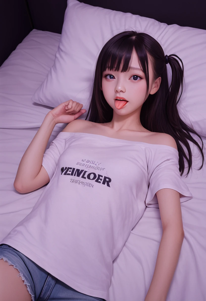 ollarbone,pastel colors t-shirt,off-shoulder look,bare shoulder,midriff peek,micro shorts,open mouth,(tongue out:2),lying,front view,upper body,Embarrassed,(1girl,Beautiful 14 year old girl),((Slender,Small breasts,Small face,)),(looking at viewer),Black Hair,bangs,one side up,Beautiful and detailed,(Dimly lit room:1.5),Weak white lighting,Simple Background,White bed,pillow,best quality,Brilliant Quality
