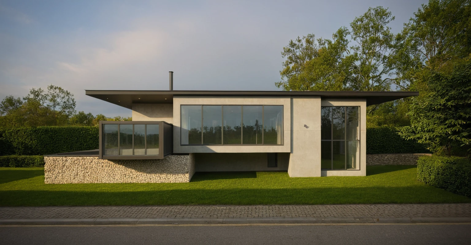 Raw photo,Masterpiece, high quality, best quality, authentic, super detail,
exterior, outdoors, house style modern on the street, glass windows, pavement, trees, sky, cloud, (daylight:1.1), gray wall, stone wall, garden