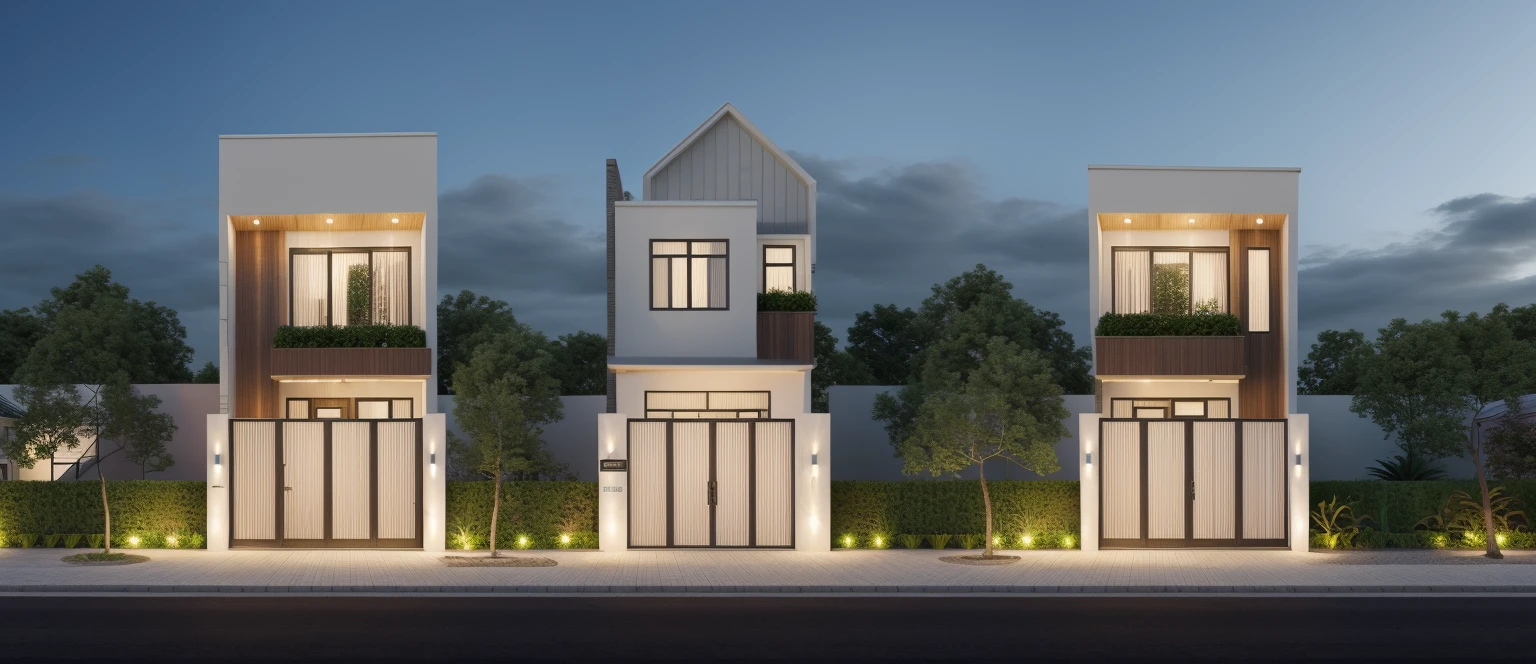Exterior, morden glass house, white house made by main material are wood and white house and stone, town house, blue sky:1.8, The vertical wall is covered with black stone, large yard, 1 garage, 1 car, 1 road infront of house, dynamic light:1.4, cinematic lighting,((( light from indoor:1.4))), Ornamental daisies, peaceful feel, award-winning architecture, Wet road surface, sky scene after rain, warm interior lights:1.7, shimering sky, Cucumber plants decorate the balcony