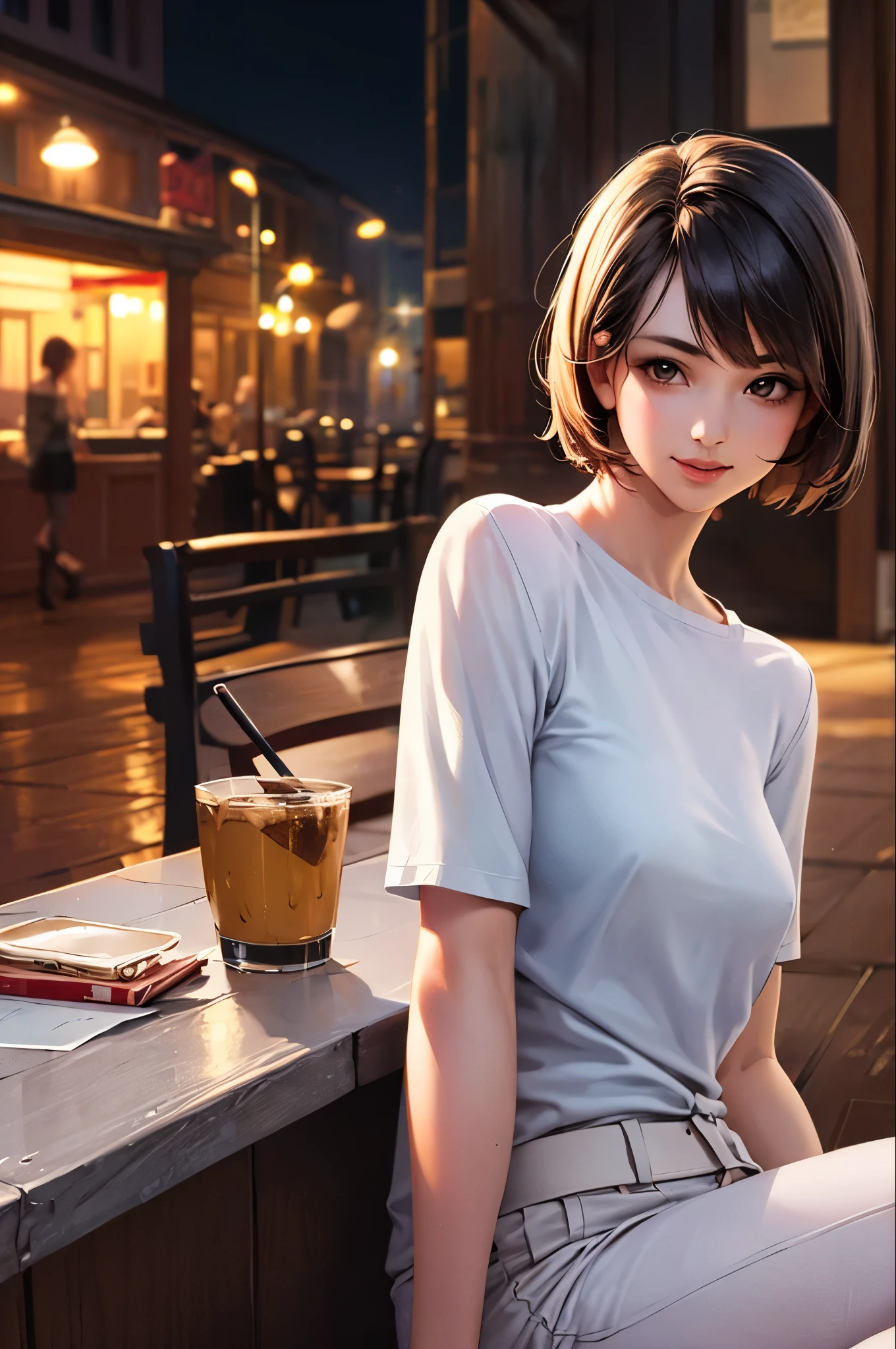 (8K, Highest quality, masterpiece:1.2), (Realistic, photo-Realistic:1.37), Super detailed,((( 1 Girl))),alone,Beautifully detailed skies,Detailed Cafe,night,Sitting,Date,(Red nose),(smile:1.15),Small breasts,Beautiful attention to detail,(shirt:1.1 night, White lace, (short hair:1.2),Floating Hair NovaFrogStyle, ((whole body)),stand, sexy, cute