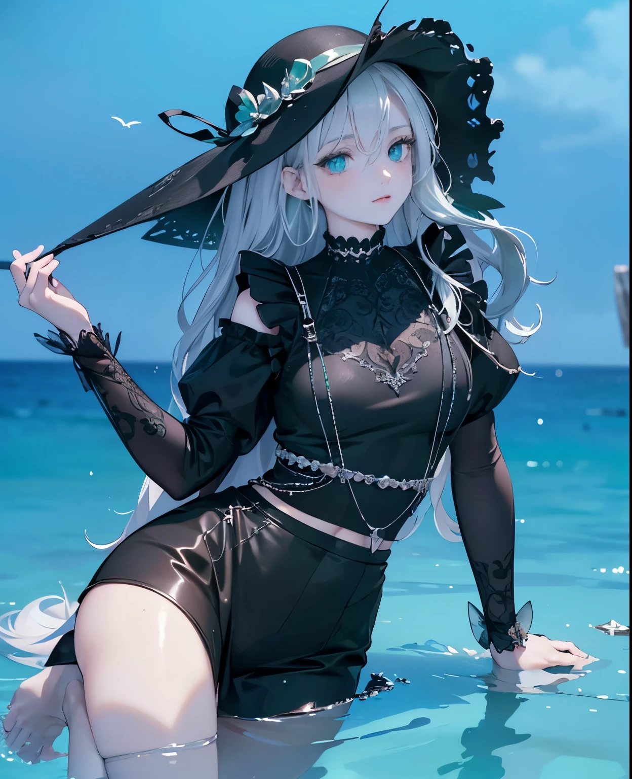 ((dark fantasy)), ((wavy hair, silver hair color, pale skin),(((green aquamarine eyes))), freckles, warm light,( ),busty,Glamour,Gorgeous,monochromes,erotic posing,Dynamic Posing,Arrange Pose,Dramatic,Cinematic,Detailed background, Dynamic Angle,From the angle of the film,Gothic background, Dark fantastic view,Best Quality,masutepiece,8K,The ultimate detailed dark background, Top image quality、RAW photography、超A high resolution,cropped shoulders, overall look is very erotic、Shot for one person only, model shoot, Large round chest, Beautiful Eyes of Details、Very slender eyes、Beautiful eyelashes、Very slim physique, with blush cheeks,Pearl Beaded Bralet Top, ((pearl top)), opal pearl in hand